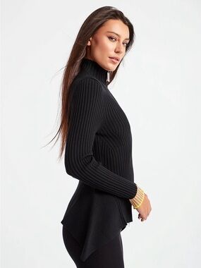 WOLFORD Thelma Stripe Cardigan Black Ribbed Zip-Front Asymmetrical Peplum Medium